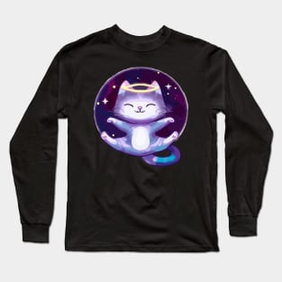 Cute little space galaxy cat smiling Long Sleeve T-Shirt